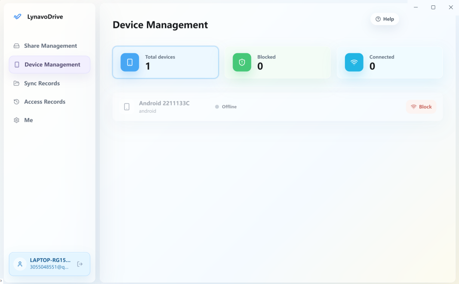 Desktop Device Management page with device totals, blocked count, and Block action