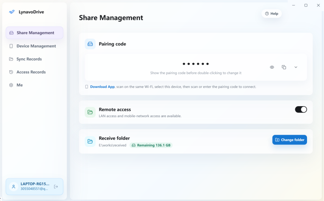 Desktop Share Management page with pairing code, Remote access, and Receive folder settings