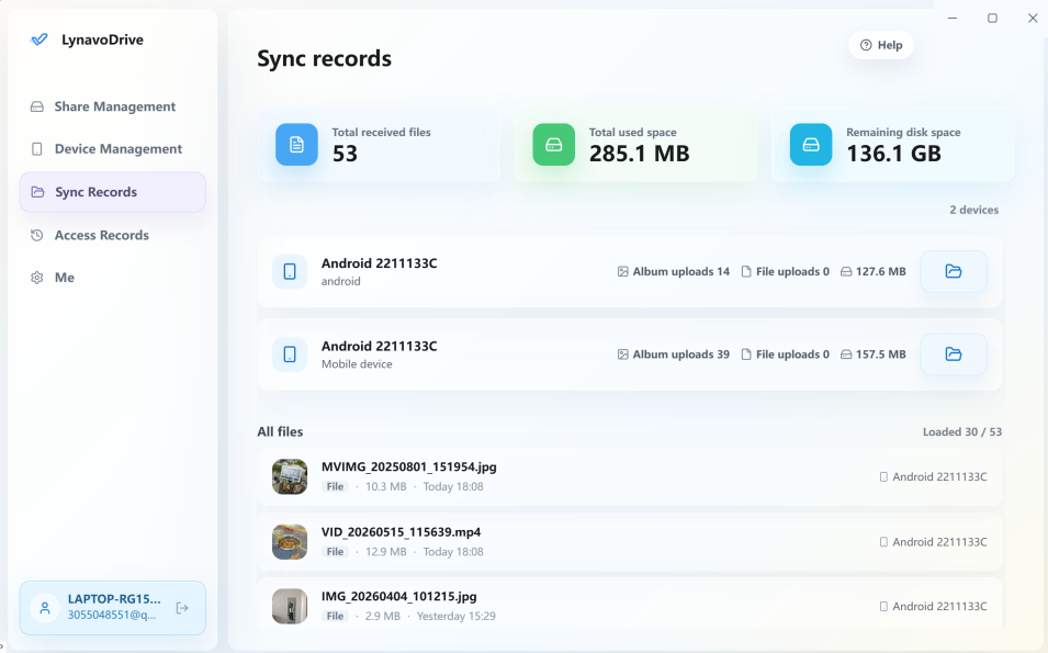 Desktop Sync Records page with storage totals, device summaries, and received files