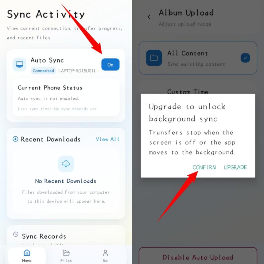 Auto Sync control and free-plan background sync upgrade notice