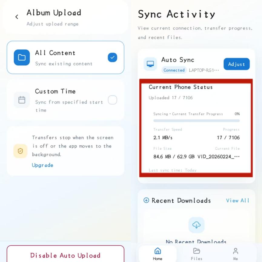 Album Upload range controls and current Auto Sync transfer progress
