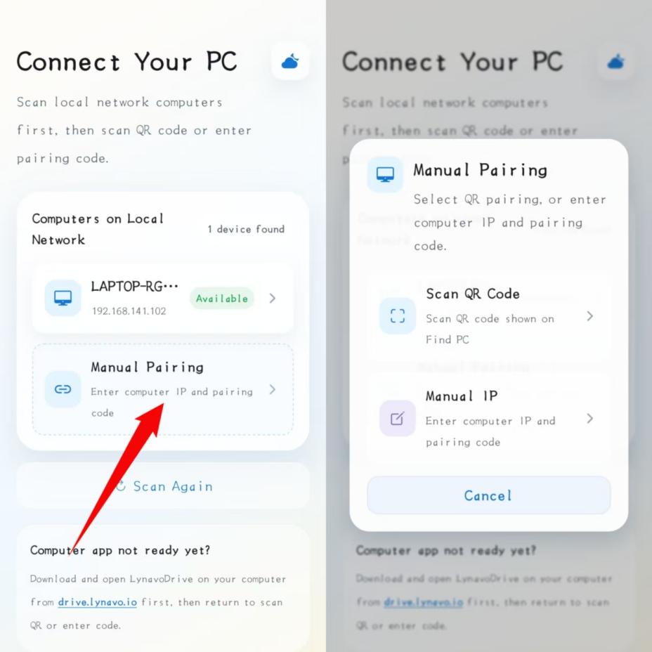 Connect Your PC screen and Manual Pairing options in the mobile app