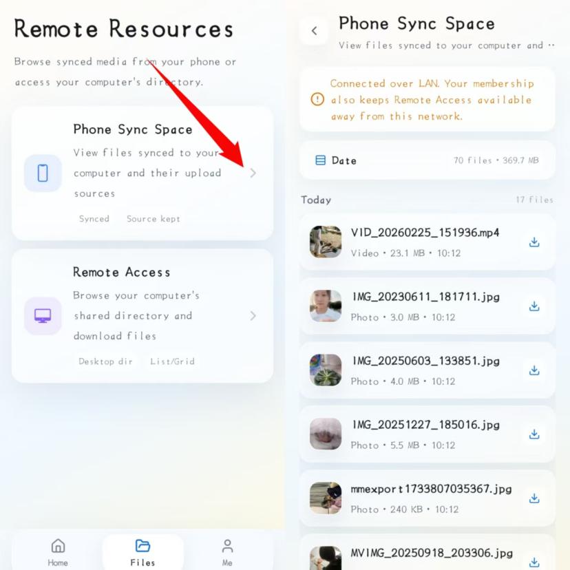 Remote Resources and Phone Sync Space screens