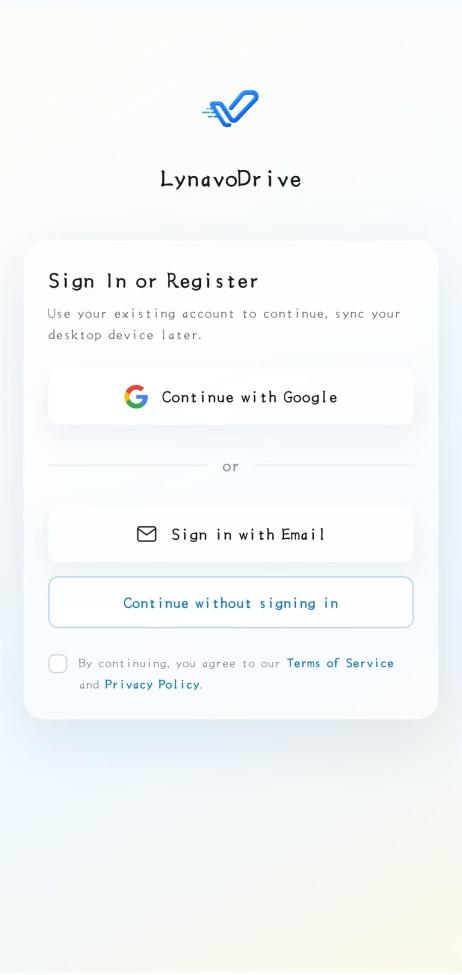 LynavoDrive mobile sign-in screen with Google, email, and continue without signing in options