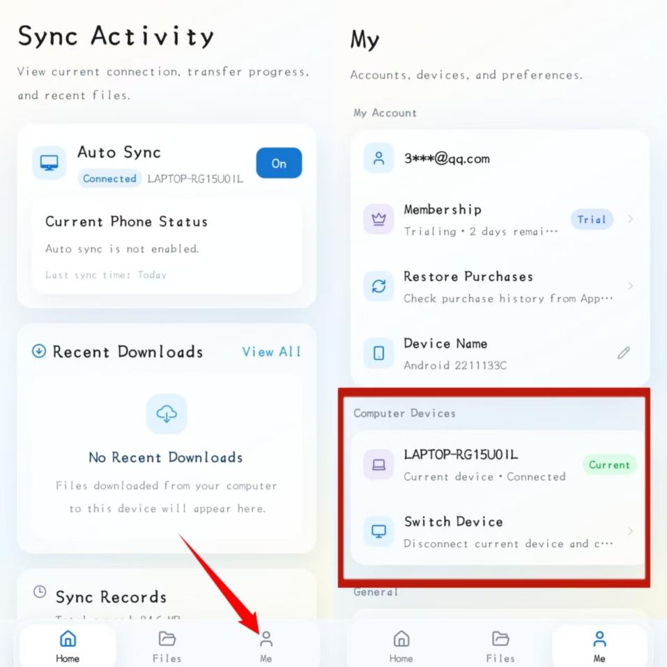 Sync Activity and Me screens showing the current connected computer