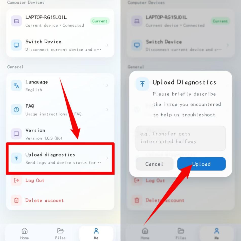 Upload diagnostics action and issue description dialog